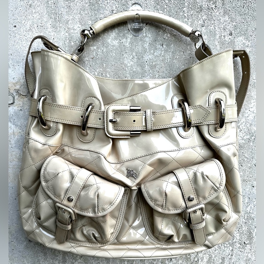 Burberry Bag Quilted Beacon Large Tote Patent Leather Satchel - Beige